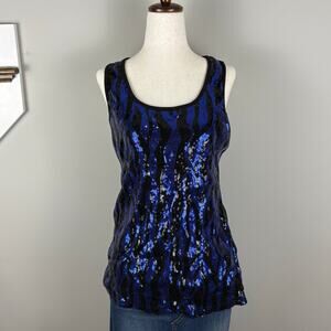Deb Sparkly Tank Top Glam Blue and Black 2000s Vintage Y2K Women's Size Medium